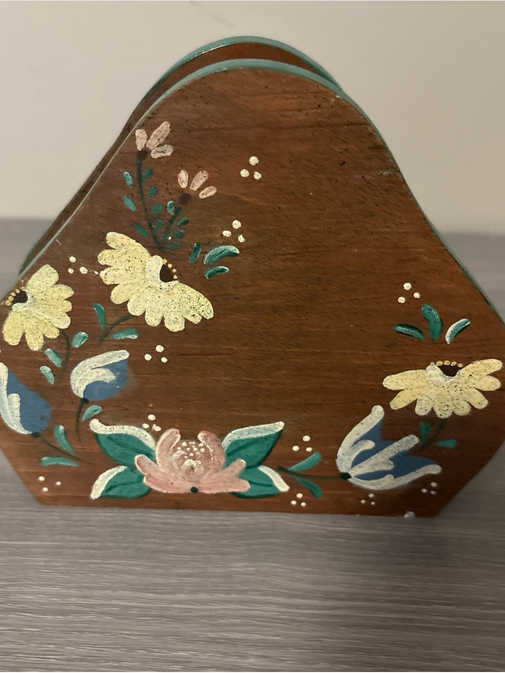 Vintage Hand-Painted Floral Wooden Napkin Holder - Pink, Yellow & Teal